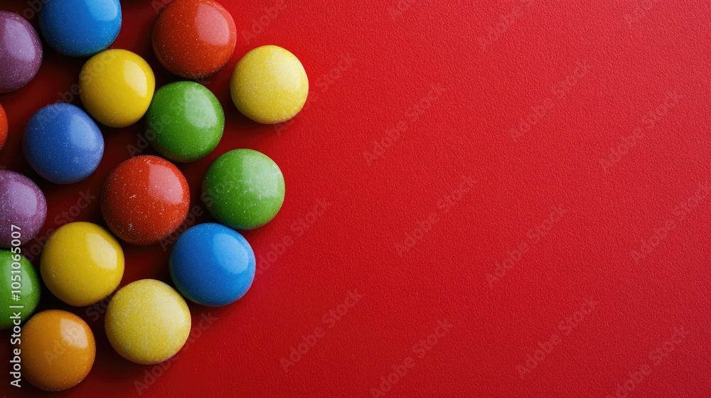 Obraz premium A close-up of a cluster of Smarties, their rounded shapes and vibrant colors contrasting with the bold red background.