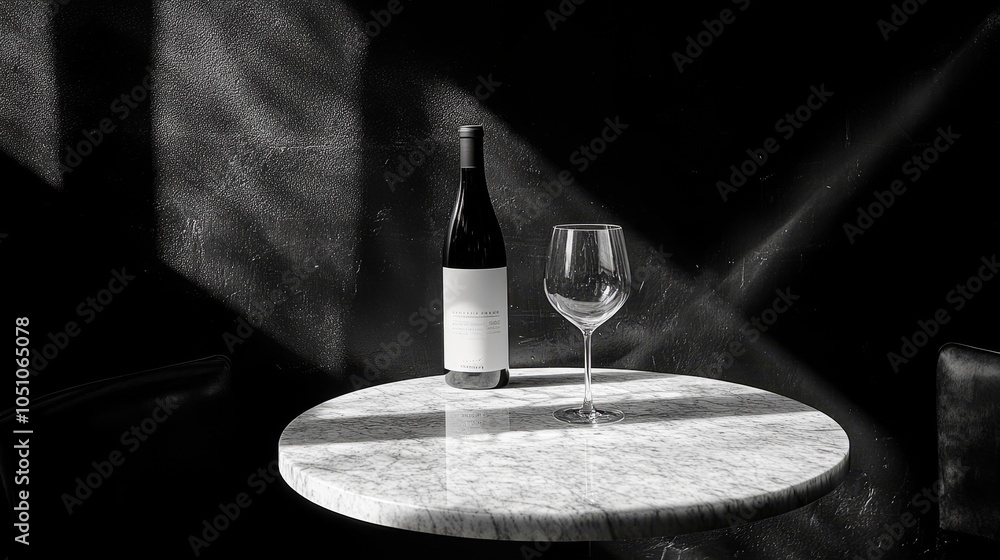 Obraz premium The exquisite black and white image showcases an elegant bottle of wine and a simple wine glass, placed on a marble table with a dark background, enhancing the luxurious and exquisite atmosphere
