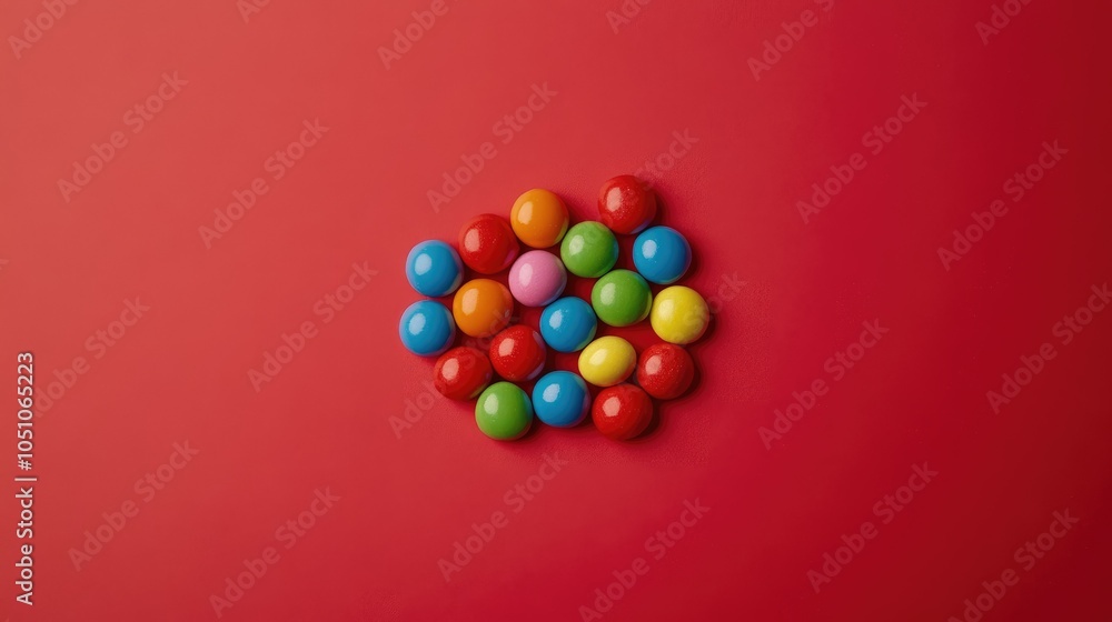 Obraz premium A cluster of round Smarties resting on a solid red background, the vibrant colors creating a fun, energetic look.