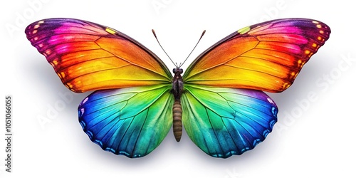 Vibrant rainbow colored butterfly against white background