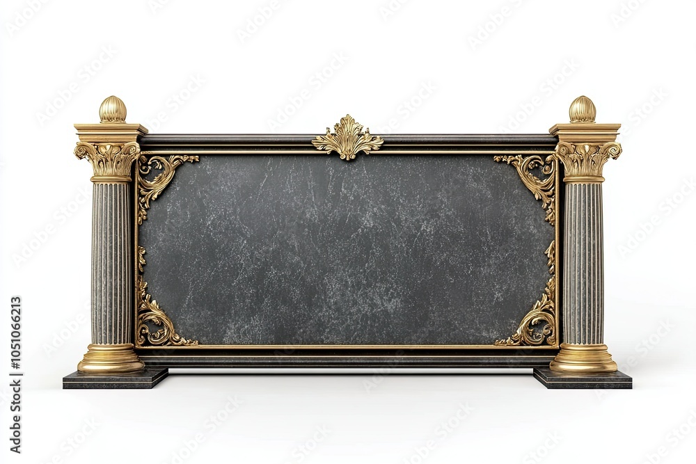 Obraz premium luxury empty dark grey leaderboard with golden lines, large pillar and royal carvings on white background