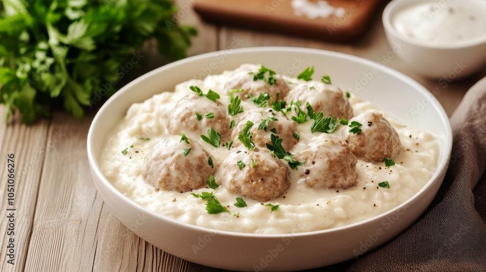 Creamy Meatballs with Sauce and Parsley on Wooden Table Creamy Meatballs with Sauce and Parsley on Wooden Table