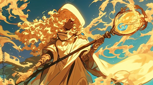 A Powerful Female Figure With Long Golden Hair, Wearing a White Hood, Holding a Staff With a Gold Orb, Surrounded by Flames
