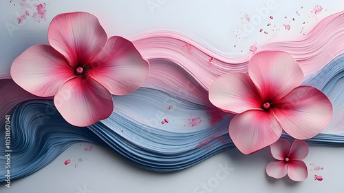 Abstract Floral Illustration with Wavy Pink and Blue Lines