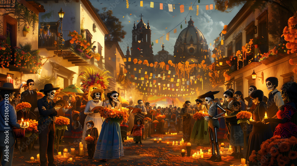 A scenic view of a Dia de los Muertos parade at dusk A scenic view of a Dia de los Muertos parade at dusk