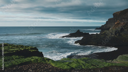 Mossy Rocky Coastline with Breaking Waves and Cloudy Sky