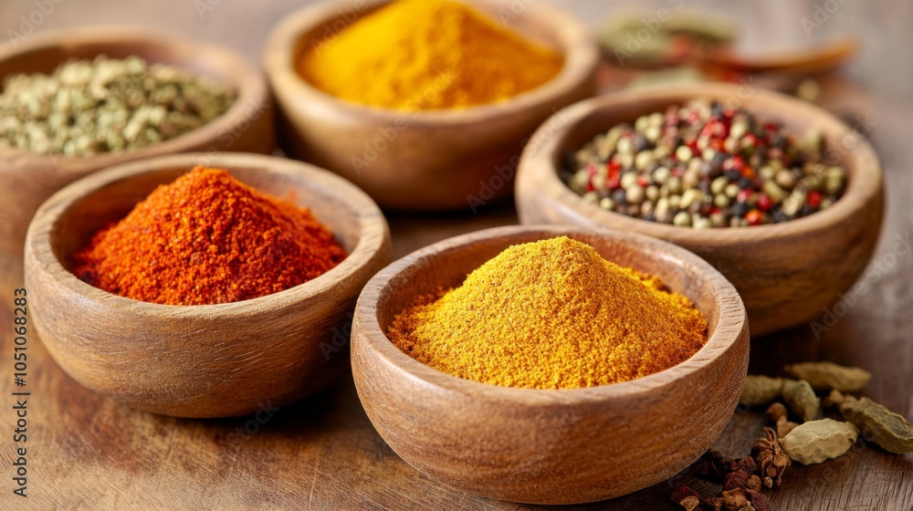 Colorful Middle Eastern Spices in Rustic Bowls Colorful Middle Eastern Spices in Rustic Bowls
