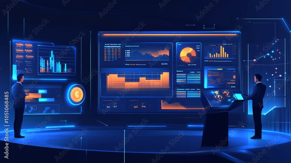 Obraz premium Businessmen Analyzing Data on Digital Screens