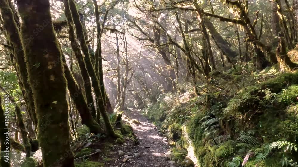 Tranquil Forest Trail with Dappled Sunlight on Routeburn Track, Fiordland National Park, New Zealand Tranquil Forest Trail with Dappled Sunlight on Routeburn Track, Fiordland National Park, New Zealand