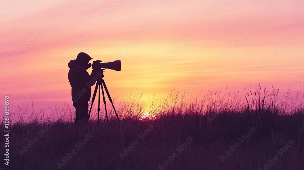 Photographer Silhouetted Against Vibrant Sunset Capturing Nature Photographer Silhouetted Against Vibrant Sunset Capturing Nature