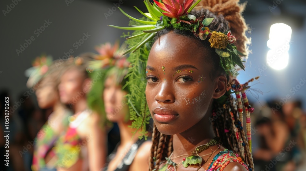 Black Woman with Floral Headband and Braids at Fashion Show Black Woman with Floral Headband and Braids at Fashion Show
