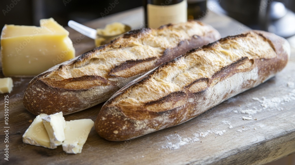 Rustic Baguettes with Cheese and Wine in Natural Light Rustic Baguettes with Cheese and Wine in Natural Light