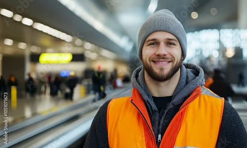 A smiling man in an orange safety vest and gray beanie stands in a busy airport terminal.