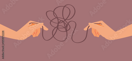 Hands Untangle a Tread Vector Psychotherapy Concept Illustration. Psychotherapist solving and untangling messy thoughts 
