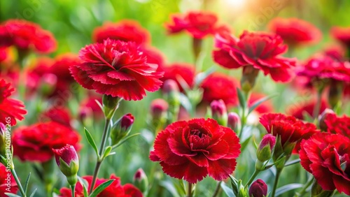 Vibrant red carnation flowers blooming in a summer garden with a shallow depth of field