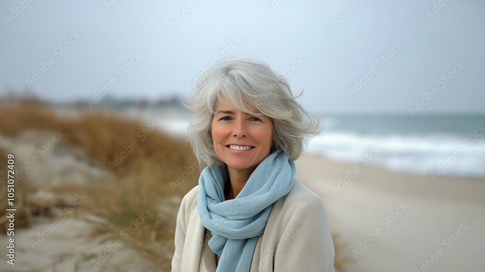 A woman wearing a light-colored sweater on the beach smiles serenely.. A woman wearing a light-colored sweater on the beach smiles serenely..