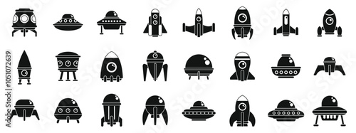 Alien cosmic starship icons set. Set of simple spaceship and rocket icons representing space exploration and futuristic travel