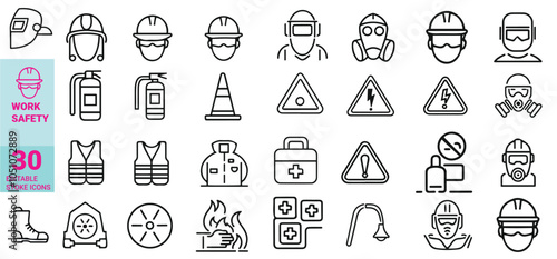work safety icons, safety icon set, PPE icons, workplace safety, safety equipment icon, hard hat icon, safety helmet, protective gear icon, safety goggles, fire extinguisher icon