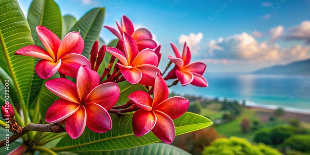 Vibrant red Frangipani flowers in a panoramic view Vibrant red Frangipani flowers in a panoramic view
