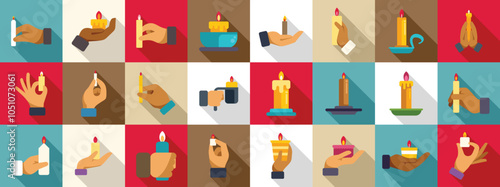 Hand holding candle icons set. Collection of hands interacting with lit and extinguished candles, representing different uses and rituals