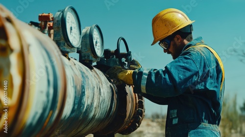 A man in a yellow hard hat is working on a pipe