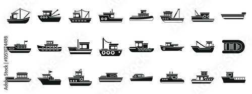 Fisher vessel icons set. Set of fishing boat icons representing various types of watercraft used for commercial and recreational fishing