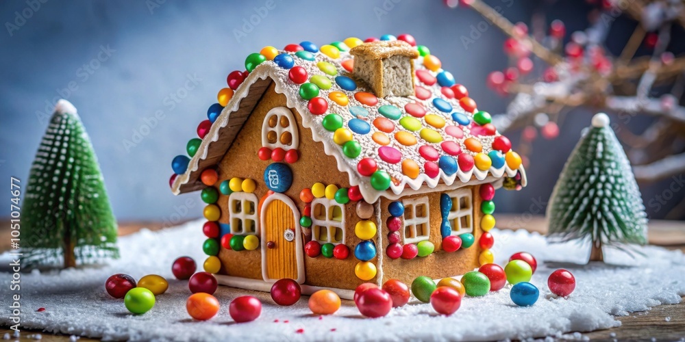 Obraz premium Gingerbread house decorated with colorful candies, gingerbread, house, candy, colorful, sweets, holiday, festive, icing