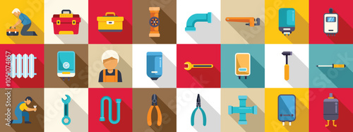 Fix heater pipeline icons set. Plumber icons set showing different plumbing tools, pipes, water heater, radiator and other plumbing equipment
