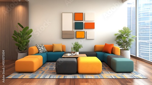 Colorful Lounge Area with Modular Seating and Plants A cozy lounge area with vibrant, modular seating arrangements in teal and mustard tones, softened by potted plants and a few small, patterned rugs.