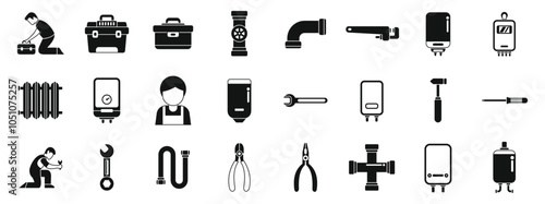 Fix heater pipeline icons set. Set of icons representing plumbing and heating services, featuring tools, equipment, and a plumber at work