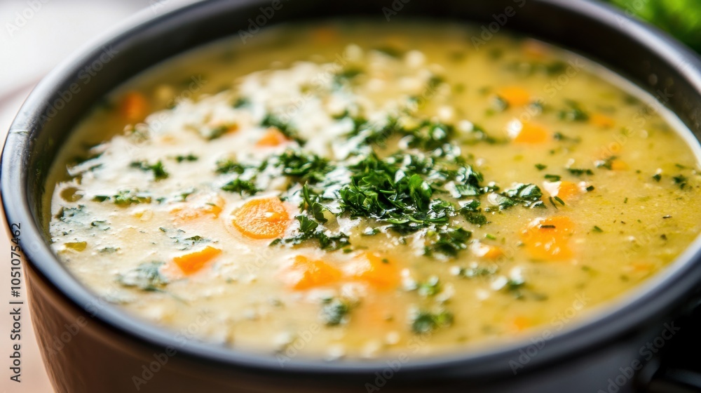 A creamy soup with vibrant carrots and herbs is cooking in a black pot on the kitchen counter, surrounded by fresh ingredients A creamy soup with vibrant carrots and herbs is cooking in a black pot on the kitchen counter, surrounded by fresh ingredients