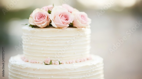 A stunning two-tiered wedding cake features exquisite pink roses, ready to be served at a lovely outdoor celebration