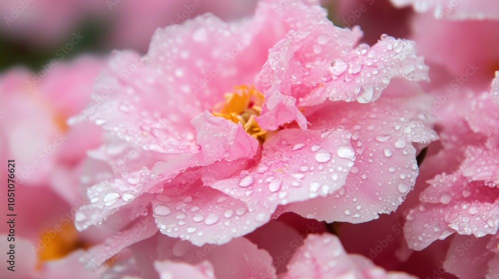 Fresh pink peonies display shimmering dew drops, creating a serene and vibrant atmosphere in early morning light Fresh pink peonies display shimmering dew drops, creating a serene and vibrant atmosphere in early morning light