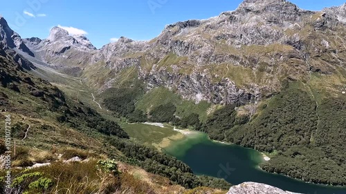 Stunning Views of Lake Mackenzie and Surrounding Mountains on Routeburn Track, Fiordland National Park, New Zealand photo