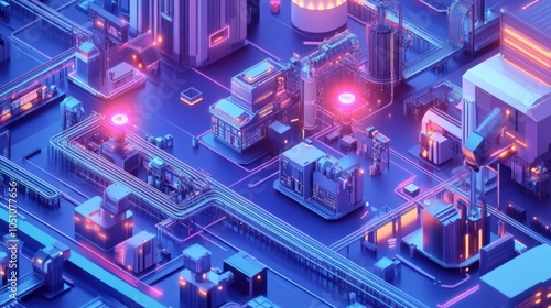 A futuristic cityscape with neon lights and buildings