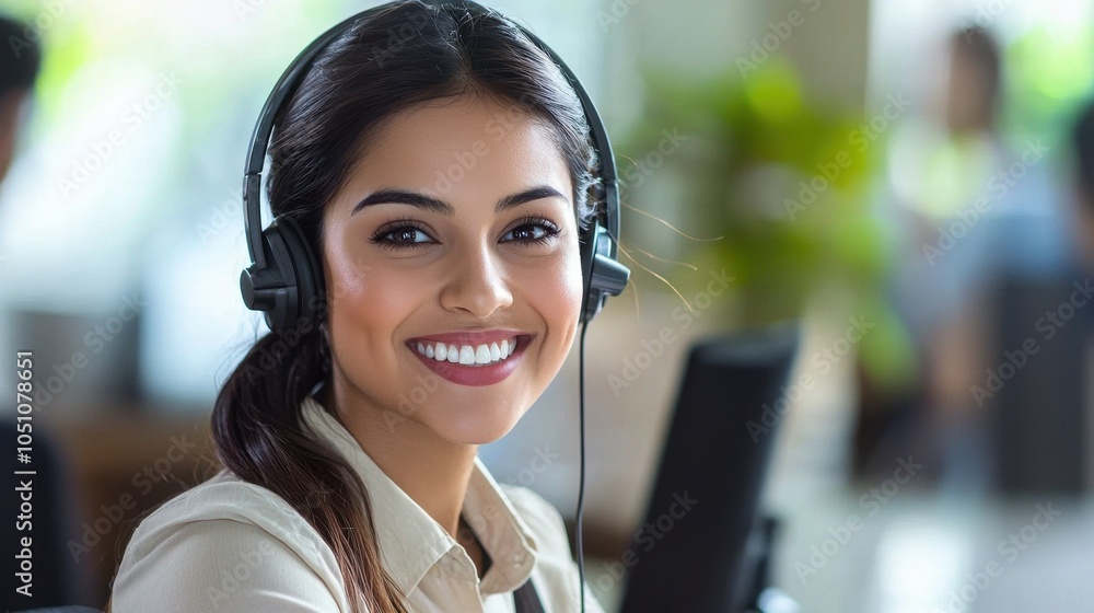A customer service agent with a headset and a welcoming smile, sitting at a clean desk with blank space for commercial text overlay, ideal for customer satisfaction or service excellence promotions A customer service agent with a headset and a welcoming smile, sitting at a clean desk with blank space for commercial text overlay, ideal for customer satisfaction or service excellence promotions