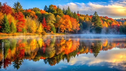 Autumnal Reflections on a Still Water Surface, Revealing a Canvas of Vibrant Colors and Serene Mist