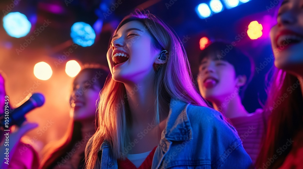 Energetic Women Singing Karaoke in a Vibrant Club Setting Energetic Women Singing Karaoke in a Vibrant Club Setting