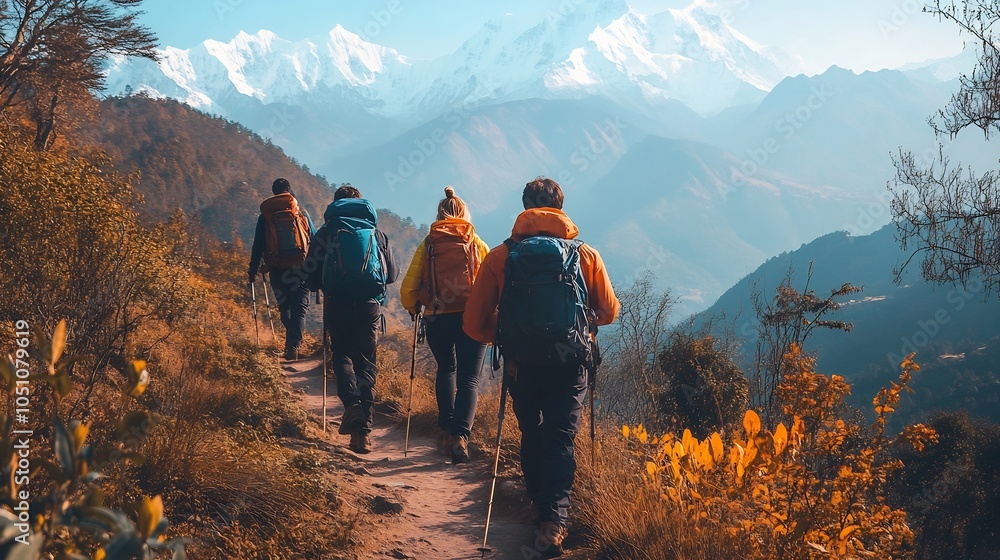Fototapeta premium Hikers on a Mountain Trail with a Stunning View