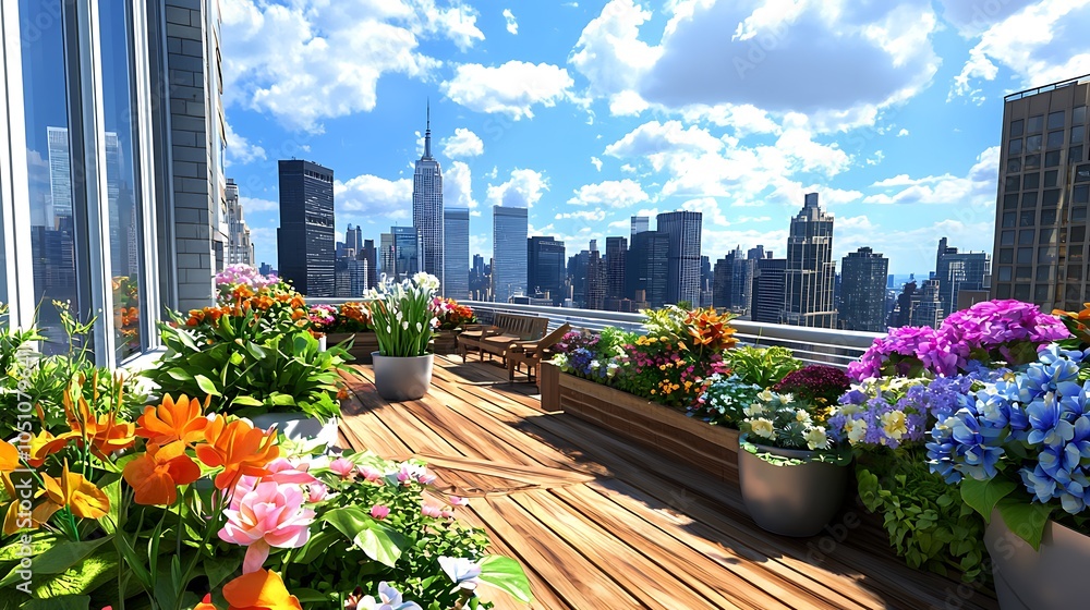 Fototapeta premium Modern Rooftop Garden in Vibrant Urban Landscape