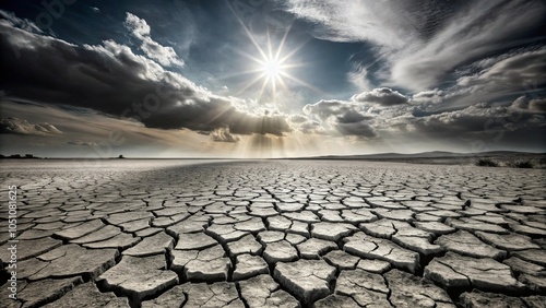 A Sunbeam Pierces the Clouds Over a Parched Earth, Where Cracked Soil Stretches Into the Distance