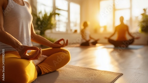 Group meditating in a sunlit yoga studio during a home retreat, promoting Calming Rhythms