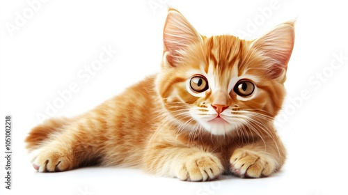 Adorable orange tabby kitten lying down with a curious expression.