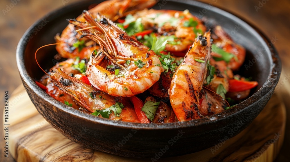 Grilled Prawns with Artistic Presentation on Wooden Background Grilled Prawns with Artistic Presentation on Wooden Background