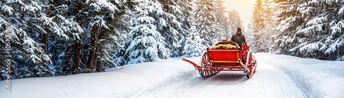 A picturesque winter scene featuring a red sleigh gliding through snowy pine trees under a golden sunlit sky. photo