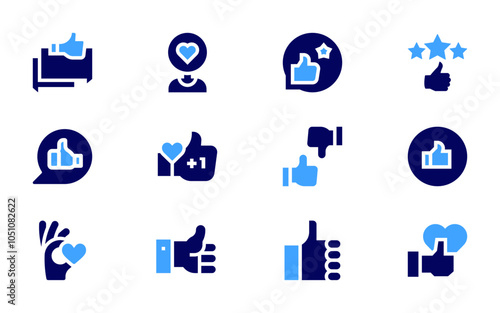 Like icon set. Bold style. Duotone colors. hand gesture, discussion, thumbs up, thumb up, follower, customer feedback, feedback, reviews, like