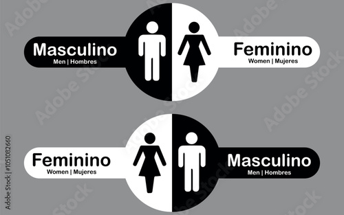 Placas Banheiro Masculino e Feminino Redondas nas cores Preto e Branco