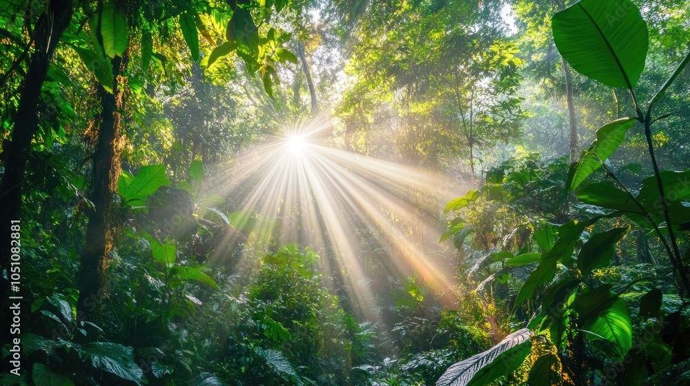 Obraz premium Sunlight Filtering Through Dense Rainforest Canopy