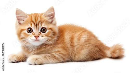 Adorable ginger kitten with big eyes lying on white background.