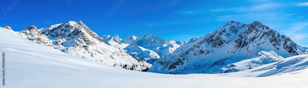 Stunning panoramic view of snow-covered mountains under a clear blue sky, perfect for winter-themed projects and nature lovers. Stunning panoramic view of snow-covered mountains under a clear blue sky, perfect for winter-themed projects and nature lovers.